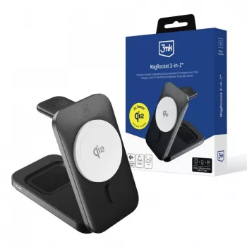 3MK MagRocket station de charge sans fil 3-en-1 15W compatible MagSafe pour iPhone, Apple Watch, AirPods - noir