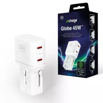 3mk incharge® Globe 45W™ 2C PD QC4+ PPS SCP AFC US/EU/AUS/UK blanc