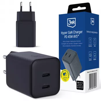 Chargeur 3MK Hyper Charger PD 45W GaN AVS QC4+ PPS AFC FCP DCP 2C noir