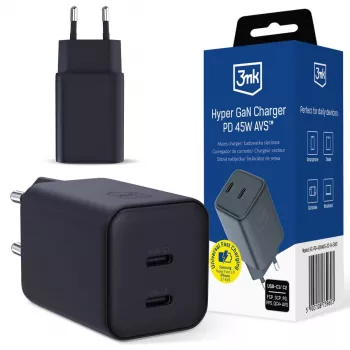 Chargeur 3MK Hyper Charger PD 45W GaN AVS QC4+ PPS AFC FCP DCP 2C noir