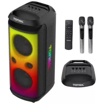 Enceinte de soirée Bluetooth portable TONSIL Party Dance 1600 avec lumières LED, karaoké, 1600 W PMPO, 80 W RMS, woofer 10 pouces, TWS, radio FM, microphone et télécommande