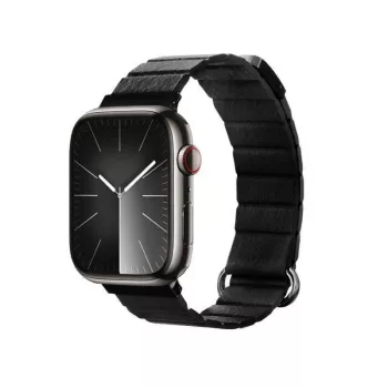 Bracelet à boucle magnétique en cuir véritable Crong Eclipse pour Apple Watch 44/45/46/49 mm (Noir)