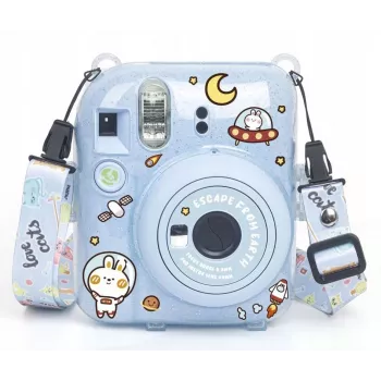 LOVEINSTANT Housse de protection pour Fujifilm Instax Mini 12 - Escape From Earth, pailleté bleu avec autocollants et poche photo