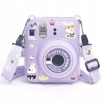 LOVEINSTANT Housse de protection pour Fujifilm Instax Mini 12 - design Sweet Rabbit, pailleté violet, avec autocollants et poche photo