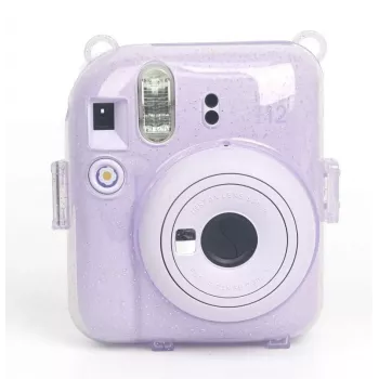 LOVEINSTANT Housse de protection pour Fujifilm Instax Mini 12 - design Sweet Rabbit, pailleté violet, avec autocollants et poche photo
