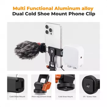 Support de trépied pour smartphone K&F Concept KF31.094 MS18 - support téléphone métallique rotatif à 360° avec filetage 1/4 inch, base Arca-Swiss, griffe froide, noir