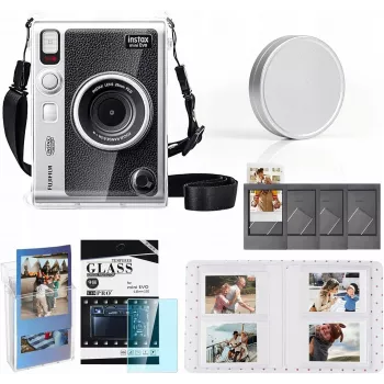 Kit 6 en 1 LOVEINSTANT : coque rigide transparente + protecteur d'écran en verre trempé + album photo 64 pochettes + capuchon d'objectif + cadres photo + bandoulière pour Fujifilm Instax Mini Evo