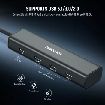 Hub USB-C NEEWER PS020E 4 en 1 avec 5x USB-C 10 Gbit/s 100 W PD, support de griffe froide et filetage 1/4 inch