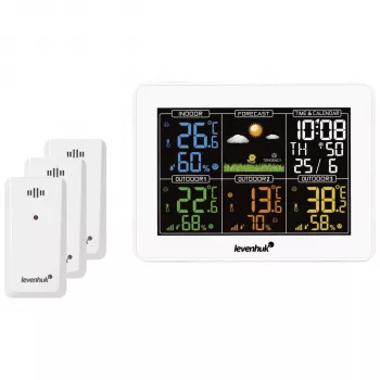 Station météo Levenhuk Wezzer PLUS LP60 avec écran LCD couleur, capteur extérieur sans fil, surveillance de la température et de l'humidité, prévisions météo, réveil