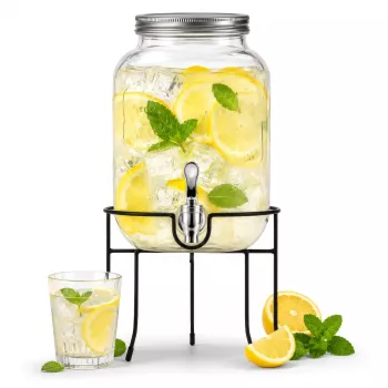 Distributeur de boissons avec robinet et support métallique Adler AD 6741, 4 l, verre sodocalcique, couvercle à vis, robinet de rechange inclus
