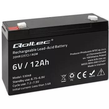 Batterie AGM Qoltec 6 V 12 Ah sans entretien LongLife pour onduleur, balances, caisses enregistreuses
