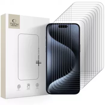 Lot de 10 protections d'écran en verre trempé TECH-PROTECT pour Apple iPhone 15 Pro Max transparentes