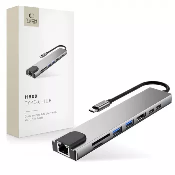 Adaptateur hub HB09 TECH-PROTECT 8 en 1 USB-C vers USB-A 3.0, USB-C 3.0, HDMI 4K 60Hz, SD/TF, PD 100W, RJ45 Gigabit Ethernet, Space Grey
