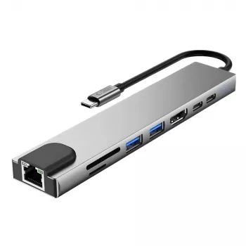 Adaptateur hub HB09 TECH-PROTECT 8 en 1 USB-C vers USB-A 3.0, USB-C 3.0, HDMI 4K 60Hz, SD/TF, PD 100W, RJ45 Gigabit Ethernet, Space Grey