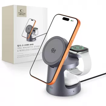 Chargeur sans fil magnétique MagSafe 3 en 1 TECH-PROTECT A48 25 W Qi2.2 gris foncé