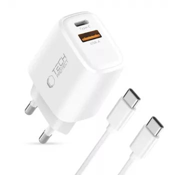 TECH-PROTECT NCA45W-GAN Chargeur réseau 2 ports PD 45W / QC3.0 + câble Type-C blanc
