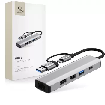 Adaptateur hub HB03 TECH-PROTECT 5 en 1 Type-C + USB 2.0 + USB 3.0 + RJ45 Space Grey