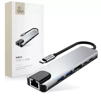 Adaptateur hub HB02 TECH-PROTECT 6 en 1 USB-C + USB 2.0 + USB 3.0 + HDMI 4K 30Hz + RJ45 + PD 100W Space Grey