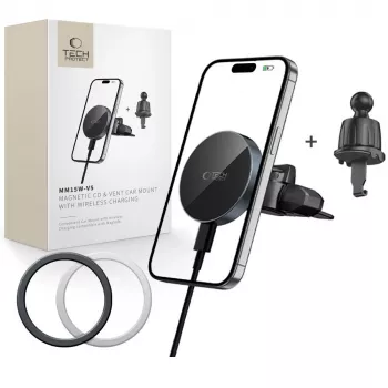 Support de voiture magnétique MagSafe pour CD et grille d'aération TECH-PROTECT MM15W-V5 avec chargeur sans fil 15 W noir