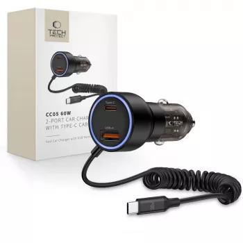 Chargeur de voiture TECH-PROTECT CC05 2 ports PD 60W + câble, noir