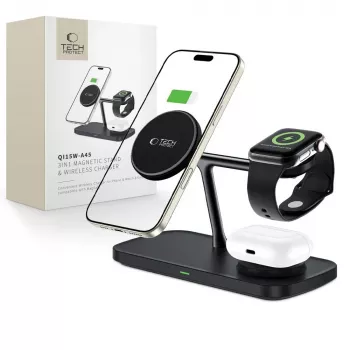 TECH-PROTECT QI15W-A45 Chargeur sans fil magnétique MagSafe 3-en-1 Noir