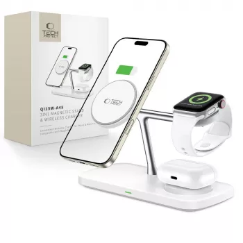 TECH-PROTECT QI15W-A45 Chargeur sans fil magnétique MagSafe 3-en-1 Blanc