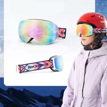 ROCKBROS SP284 Masque de ski enfant - Monture blanc mat, verre PC gris avec miroir fleur de cerisier rose