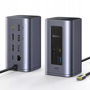 Hub USB-C Baseus Air Spacemate 12-en-1, 2x HDMI 4K@60Hz, 2x USB-C 10Gbps, 2x USB-A 5Gbps, 2x USB-A 480Mbps, RJ45, SD/microSD, USB-C PD, gris