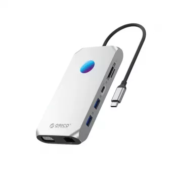 Station d'accueil USB-C ORICO XCR 12-en-1 avec RGB, 2x USB-A 3.1, 1x USB-A 2.0, 1x USB-C PD 100W, 1x USB-C 3.1, 2x HDMI 2.0 4K 60Hz, 1x VGA 1080p, 1x microSD/SD 3.0, 1x RJ45 Gigabit Ethernet, 1x Audio CTIA 3.5mm - Gris