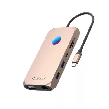 Station d'accueil USB-C ORICO XCR 12-en-1 avec RGB, 2x USB-A 3.1, 1x USB-A 2.0, 1x USB-C PD 100W, 1x USB-C 3.1, 2x HDMI 2.0 4K 60Hz, 1x VGA 1080p, microSD/SD 3.0, RJ45 Gigabit Ethernet, Audio 3.5mm CTIA - Or rose