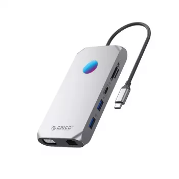 Station d'accueil USB-C ORICO XCR 12-en-1 avec RGB, 3x USB-A 3.1, 1x USB-A 2.0, 1x USB-C PD 100W, 1x USB-C 3.1, 1x HDMI 1.4 4K 30Hz, 1x VGA 1080p, 1x microSD/SD 3.0, 1x RJ45 Gigabit Ethernet, 1x Audio CTIA 3.5mm - Gris