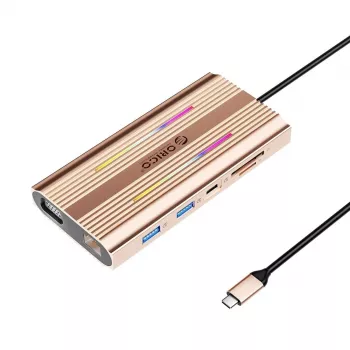 Station d'accueil USB-C ORICO XDR 12-en-1 RGB, 2x USB-A, 1x USB-C PD 100W, 2x HDMI 4K 60Hz, VGA, RJ45 Gigabit, lecteur de cartes SD et microSD - Or rose