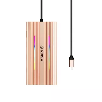 Station d'accueil USB-C ORICO XDR 12-en-1 RGB, 2x USB-A, 1x USB-C PD 100W, 2x HDMI 4K 60Hz, VGA, RJ45 Gigabit, lecteur de cartes SD et microSD - Or rose