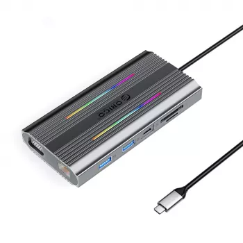 Station d'accueil USB-C ORICO XCR 12-en-1 avec RGB, 3x USB-A, USB-C PD 100W, HDMI 4K, VGA, RJ45 Gigabit, lecteur de cartes SD/microSD - Gris