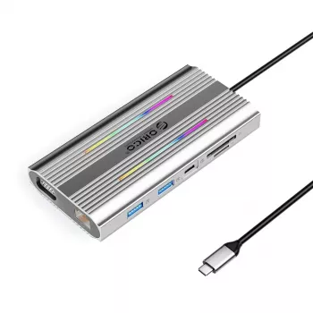 ORICO XCR 12-in-1 USB-C Docking Station with RGB, 3x USB-A, USB-C PD 100W, HDMI 4K, VGA, RJ45 Gigabit, SD/microSD Card Reader - Silver