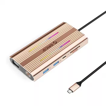 Station d'accueil USB-C ORICO XDR 12-en-1 RGB, 3x USB-A, USB-C PD 100W, HDMI 4K, VGA, RJ45 Gigabit, lecteur de cartes SD/microSD - Or rose