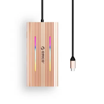 Station d'accueil USB-C ORICO XDR 12-en-1 RGB, 3x USB-A, USB-C PD 100W, HDMI 4K, VGA, RJ45 Gigabit, lecteur de cartes SD/microSD - Or rose