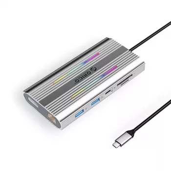 Station d'accueil USB-C ORICO XDR 12-en-1 avec RGB, 2x HDMI 4K 60Hz, DisplayPort 4K 60Hz, RJ45 Gigabit, PD 100W, lecteur de cartes SD/microSD - Argent