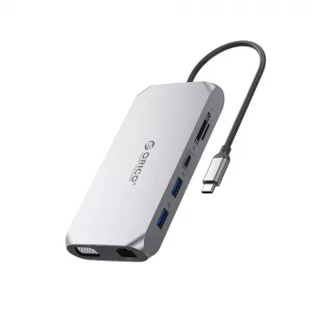Station d'accueil USB-C ORICO XCR 12-en-1, 2x USB-A 3.1, 1x USB-A 2.0, 1x USB-C PD 100W, 1x USB-C 3.1, 2x HDMI 2.0 4K 60Hz, 1x VGA 1080p, SD/microSD 3.0, RJ45 Gigabit Ethernet, Audio 3.5mm, gris