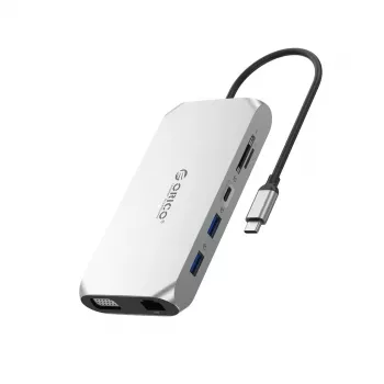 Station d'accueil USB-C ORICO XCR 12-en-1, 3x USB-A 3.1, 1x USB-A 2.0, 1x USB-C PD 100W, 1x USB-C 3.1, 1x HDMI 1.4 4K 30Hz, 1x VGA 1080p, SD/microSD 3.0, RJ45 Gigabit, Audio 3.5mm, argent