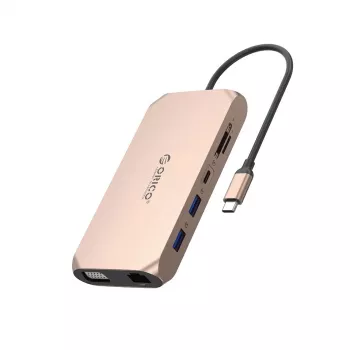 Station d'accueil USB-C ORICO XCR 12-en-1 avec PD 100W, HDMI, VGA, Gigabit Ethernet, SD/microSD, Or rose