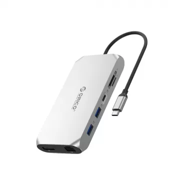 Station d'accueil USB-C ORICO XCR 12-en-1, 2x USB-A 3.1, 1x USB-A 2.0, 1x USB-C PD 100W, 1x USB-C 3.1, 2x HDMI 2.0 4K 60Hz, 1x DisplayPort 1.4 4K 60Hz, SD/microSD 3.0, RJ45 Gigabit Ethernet, Audio 3.5mm CTIA, argent
