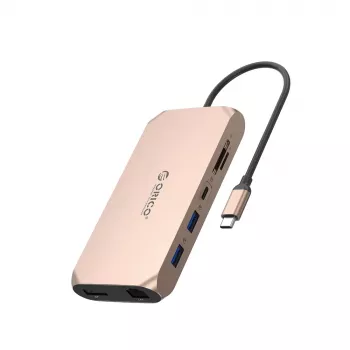 Station d'accueil USB-C ORICO XCR 12-en-1, 2x USB-A 3.1, 1x USB-A 2.0, 1x USB-C PD 100W, 1x USB-C 3.1, 2x HDMI 2.0 4K 60Hz, 1x DisplayPort 1.4 4K 60Hz, SD/microSD 3.0, RJ45 Gigabit Ethernet, Audio 3.5mm, Or rose