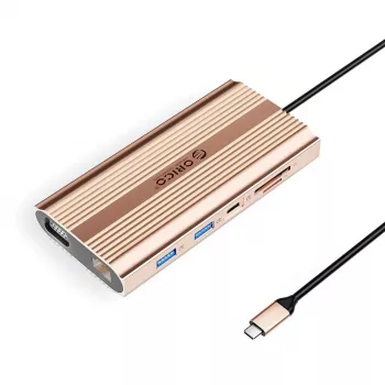 Station d'accueil USB-C ORICO XDR 12-en-1 avec PD 100W, HDMI 4K, VGA, Gigabit Ethernet, lecteur de cartes SD/microSD - Or rose