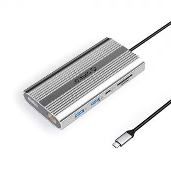 Station d'accueil USB-C ORICO XDR 12-en-1, 2x HDMI 4K 60Hz, DisplayPort 4K 60Hz, RJ45 Gigabit, PD 100W, lecteur de cartes SD/microSD, argent