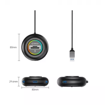 ORICO YXR4 RGB 4-Port USB-A 3.0 Hub with SD and MicroSD Card Reader, 1.8m Cable, Black