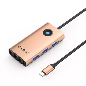 Hub USB-C ORICO PW11 6-en-1, 3x USB-A 3.0, 1x USB-C PD 100W, 1x HDMI 4K 30Hz, 1x RJ45 Gigabit Ethernet, Or rose
