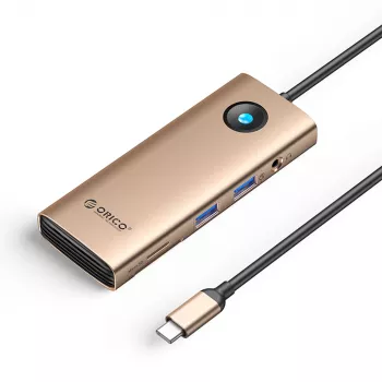 Station d'accueil USB-C ORICO PW11 8-en-1, 2x USB-A 3.0, 1x USB-C PD 100W, 1x HDMI 4K 60Hz, 1x microSD/SD, 1x RJ45 Gigabit Ethernet, 1x Audio 3.5mm, Or rose