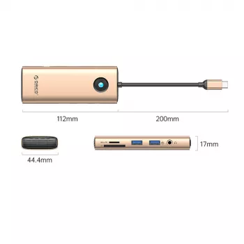 Station d'accueil USB-C ORICO PW11 8-en-1, 2x USB-A 3.0, 1x USB-C PD 100W, 1x HDMI 4K 60Hz, 1x microSD/SD, 1x RJ45 Gigabit Ethernet, 1x Audio 3.5mm, Or rose