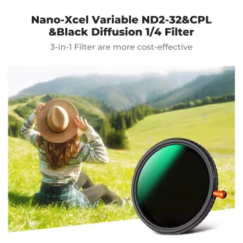 Filtre hybride 3 en 1 K&F Concept Nano-X MRC 77 mm Fader ND2-32 + CPL + Black Diffusion 1/4